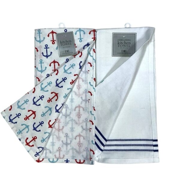 Sail Away Kitchen Towel Embellished Set Coastal Nautical Cotton Set 18 x 28 in - Picture 7 of 16